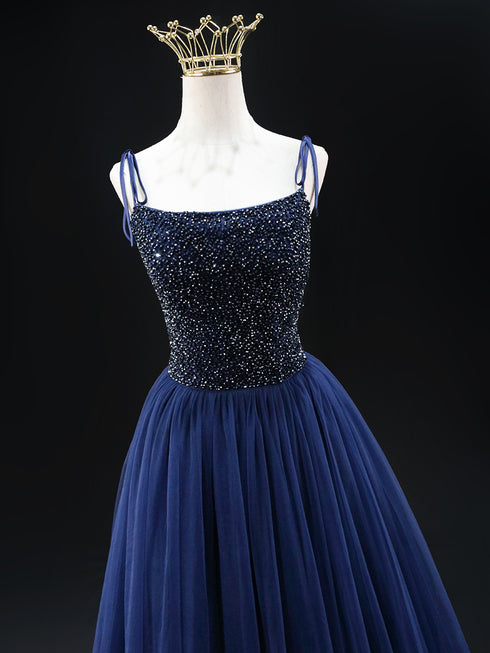 Navy Blue Wedding Dress - Sequin Evening Gown - Spaghetti Strap Dress with Lace-up Back Plus Size